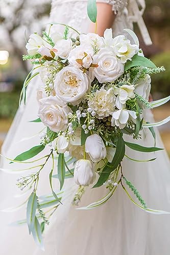 Silky Flower Store Artificial Bridal Bouquet, White Greenery Cascading Bouquet, Wedding Floral Arrangement, 12 Inch 4 4 Product: BENCENTRE 12-Inch White & Greenery Cascading Bridal Bouquet for Wedding Ceremony, Anniversary, French Rustic Vintage Style - Artificial Flowers