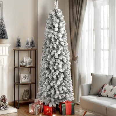 Product: SHareconn 7.5ft Prelit Snow Flocked Slim Pencil Christmas Tree - Warm White Lights & Full Branch Tips for Festive Holiday Decor