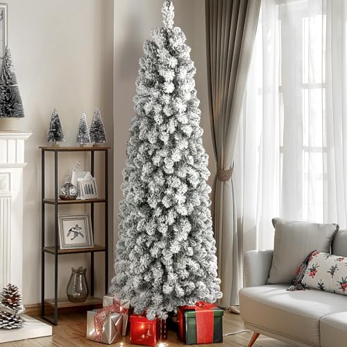 Product: SHareconn 7.5ft Prelit Snow Flocked Slim Pencil Christmas Tree - Warm White Lights & Full Branch Tips for Festive Holiday Decor