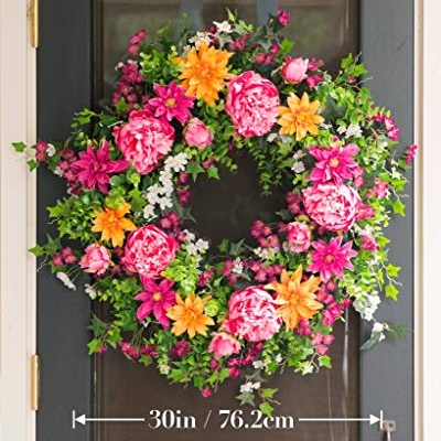 Silky Flower Store Balsam Hill Artificial Peony Outdoor Wreath, Pink Magenta Orange Boxwood Floral Decor, 30in 7 7 Product: Balsam Hill 30in Radiant Peony Outdoor Floral Artificial Wreath