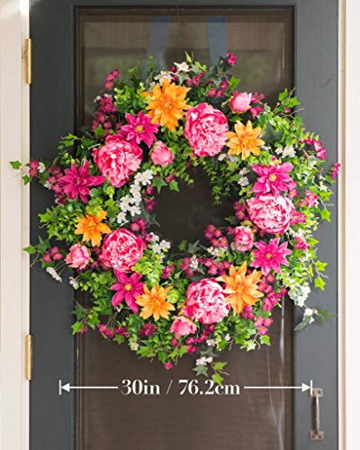 Silky Flower Store Balsam Hill Artificial Peony Outdoor Wreath, Pink Magenta Orange Boxwood Floral Decor, 30in 1 1 Product: Balsam Hill 30in Radiant Peony Outdoor Floral Artificial Wreath