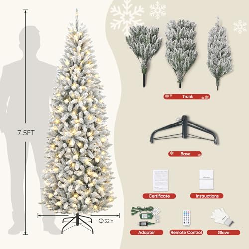 Silky Flower Store Slim Flocked Prelit Christmas Tree, 1200 Branch Tips, Warm White LED Lights, 7.5ft 7 7 Product: 7.5ft Slim Flocked Prelit Christmas Tree with 1200 Realistic Branch Tips - Easy Set-Up Artificial Pencil Tree