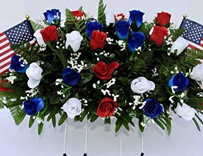 Silky Flower Store Patriotic Cemetery Headstone Saddle Flowers, Red White Blue Roses with Flags, Artificial USA Memorial Spray 20.5cm 6 6 Product: Patriotic Cemetery Headstone Saddle Flowers in Red White and Blue Roses with Flags
