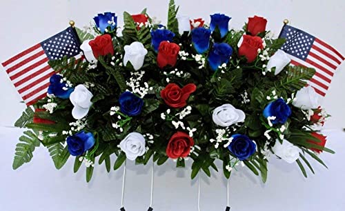 Silky Flower Store Patriotic Cemetery Headstone Saddle Flowers, Red White Blue Roses with Flags, Artificial USA Memorial Spray 20.5cm 1 1 Product: Patriotic Cemetery Headstone Saddle Flowers in Red White and Blue Roses with Flags
