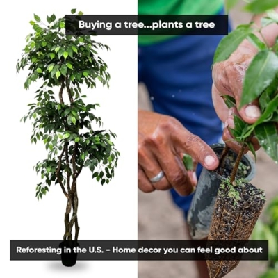 Product: Cypress & Alabaster Handmade 6.5ft 3-Tier Ficus Artificial Tree with Ethically Sourced Real Wood Trunks, Hypoallergenic, 6.5-Foot, Green