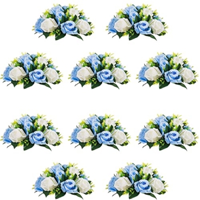Product: QUTUNI 10Pcs Artificial Flower Ball Arrangement, Fake Floral Centerpieces Wedding Roses Bouquet for Parties Valentine's Day Wedding Centerpieces and Home Decor (Blue & White)