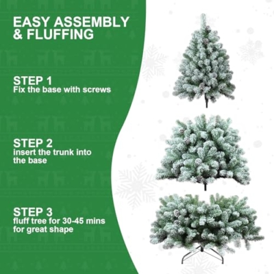 Silky Flower Store Snow Flocked Artificial Christmas Tree, Unlit Flocked Spruce with Pine Cones, 6ft 11 11 Product: Kadunmina 6ft Snow Flocked Artificial Christmas Tree Unlit Snowy Pine Tree for Home Office Holiday Indoor Outdoor Decoration Flocked Spruce Full Tree with 792 Branch Tips, Pine Cones, Metal Base