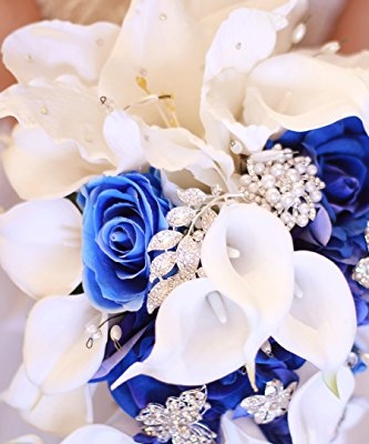Silky Flower Store Artificial Bridal Bouquet Calla Lilies, Royal Blue Wedding Flowers, Faux Waterfall Bouquet, 37cm 9 9 Product: IFFO New Bridal Bouquet, Wedding Flowers, Calla Lilies, Artificial Flowers, Waterfalls, Water Drop Style, Collection Decorations (Royal Blue)
