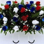 Product: Patriotic Cemetery Headstone Saddle Flowers in Red White and Blue Roses with Flags