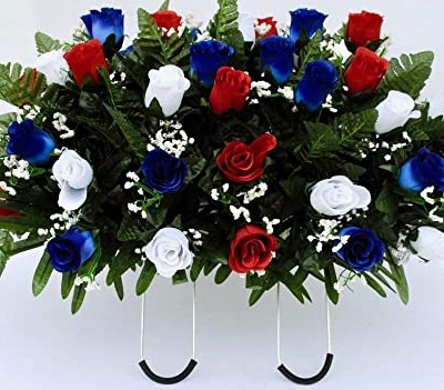 Product: Patriotic Cemetery Headstone Saddle Flowers in Red White and Blue Roses with Flags