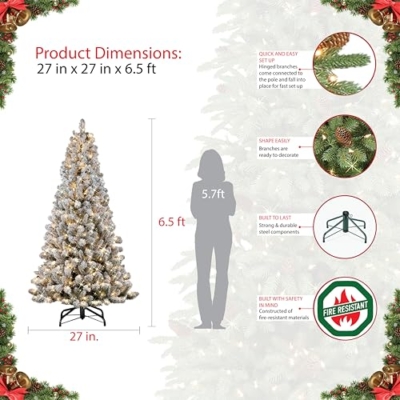Silky Flower Store Pre-lit Flocked Virginia Pine Artificial Christmas Tree, Puleo International, 300 Clear Incandescent Lights, 6.5' 12 12 Product: Puleo International 6.5' Pre-lit Flocked Virginia Pine Artifical Christmas Tree with 300 UL-Listed Clear Incandescent Lights
