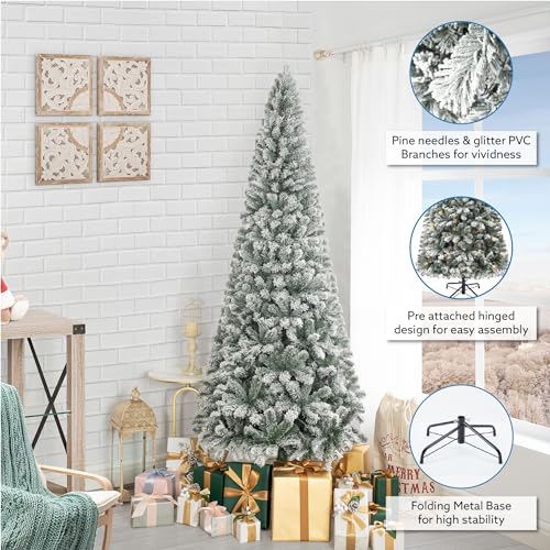Product: Naomi Home Salzburg 6.5ft Frosted Prelit Slim Artificial Christmas Tree with 864 Branch Tips, 250 Warm Lights and Metal Stand, 30" Wide Realistic Snow Flocked Skinny Pencil Christmas Tree