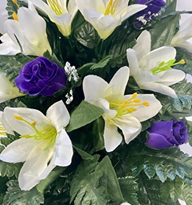 Silky Flower Store Purple Rose and Lily Cemetery Saddle, Spring Easter Grave Flowers, Artificial Headstone Arrangement, 3-4 Month 20.5cm 7 7 Product: Spring or Easter Cemetery Flowers for Headstone and Grave Decoration-Purple Rose and Lily Mix Saddle