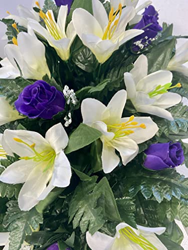 Silky Flower Store Purple Rose and Lily Cemetery Saddle, Spring Easter Grave Flowers, Artificial Headstone Arrangement, 3-4 Month 20.5cm 3 3 Product: Spring or Easter Cemetery Flowers for Headstone and Grave Decoration-Purple Rose and Lily Mix Saddle