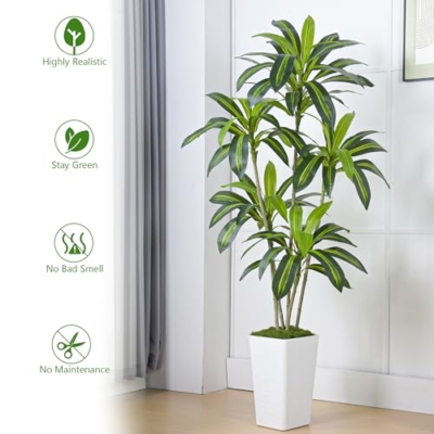 Product: Artificial Dracaena Tree Artificial Silk Tree Faux Tree Fake Tropical Yucca Floor Plant with White Tall Planter (1, White Tall Planter, 6FT)