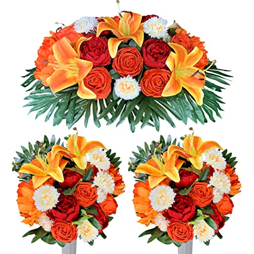 HENOMO Cemetery Saddles Flower for Grave, Colors -Non Bleed,Outdoor Headstone Decorations, Memorial Bouquet Arrangement-Red Orange Peony and Lily with Vases to Easy fit - Artificial Flower Arrangements Product: HENOMO Cemetery Saddles Flower for Grave, Colors -Non Bleed,Outdoor Headstone Decorations, Memorial Bouquet Arrangement-Red Orange Peony and Lily with Vases to Easy fit
