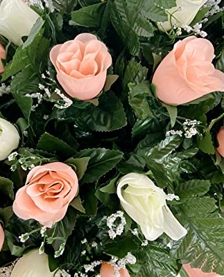 Product: Cemetery Headstone Saddle Flower Arrangement in Peach and Cream Roses-Grave Marker Decoration, Sympathy Flowers