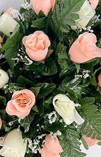 Product: Cemetery Headstone Saddle Flower Arrangement in Peach and Cream Roses-Grave Marker Decoration, Sympathy Flowers