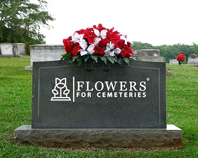 Product: Sympathy Silks Artificial Cemetery Flowers - Christmas Poinsettias - Outdoor Grave Decorations - Red and White Poinsettias Saddle for Headstone