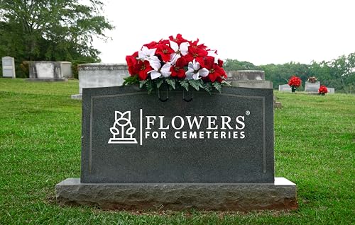 Product: Sympathy Silks Artificial Cemetery Flowers - Christmas Poinsettias - Outdoor Grave Decorations - Red and White Poinsettias Saddle for Headstone