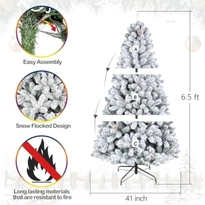 Silky Flower Store Artificial Christmas Tree Snow Flocked Pine Cones 764 Tips Hinged Branches Metal Stand 6.5 ft 12 12 Product: Hykolity 6.5 ft Snow Flocked Artificial Christmas Tree with Pine Cones, 764 Tips, Metal Stand and Hinged Branches