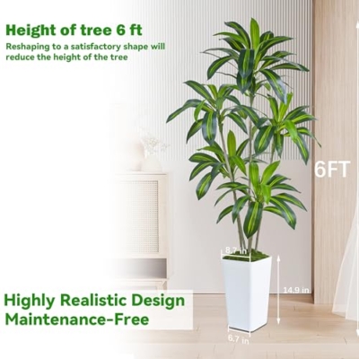 Product: Artificial Dracaena Tree Artificial Silk Tree Faux Tree Fake Tropical Yucca Floor Plant with White Tall Planter (1, White Tall Planter, 6FT)