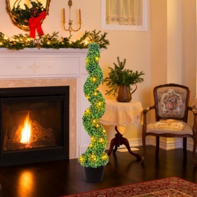 Product: Goplus 4FT Pre-Lit Artificial Spiral Boxwood Topiary Tree, 2 Pack 47” Tall Faux Potted Fake Greenery Plants w/ 100 LED Lights, Nursery Pot, Indoor Outdoor Home Front Porch Holiday Decoration