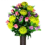 Product: Sympathy Silks Artificial Cemetery Flowers – Realistic Vibrant Roses, Outdoor Grave Decorations - Non-Bleed Colors, and Easy Fit - 1 Lime Mum and Lavender Rose Bouquet