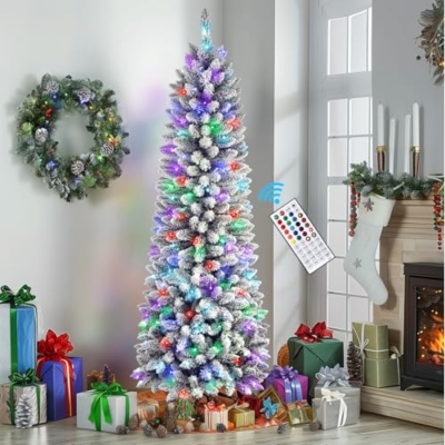 Silky Flower Store Prelit Snow Flocked Slim Pencil Christmas Tree, Remote RGB Lights, 6ft 16 16 Product: SHareconn 6ft Prelit Snow Flocked Slim Pencil Christmas Tree with Remote RGB Lights - Perfect Holiday Decoration