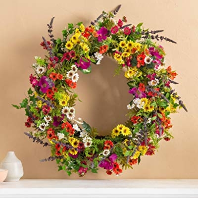 Silky Flower Store Artificial Floral Outdoor Wreath, Balsam Hill Meadow Lavender Chrysanthemums Wildflowers, 28in 13 13 Product: Balsam Hill 28in Meadow Outdoor Floral Artificial Wreath
