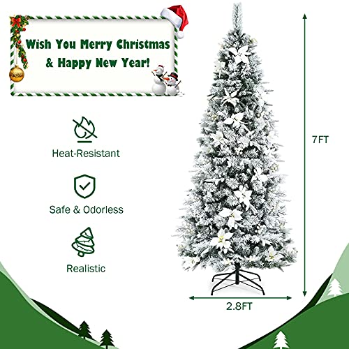 Product: Goplus Snow Flocked Pencil Christmas Tree, 7FT Hinged Artificial Skinny Xmas Tree with White Berries, Poinsettia Flowers and Folding Metal Stand, Perfect for Holiday Indoor Décor