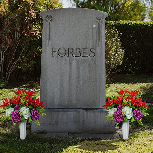 Product: Artificial Cemetery Flowers Artificial Grave Memorial Flowers Bouquets with Vase for Cemetery Headstones Graveyard Decoration, Set of 2 (Red Lily)