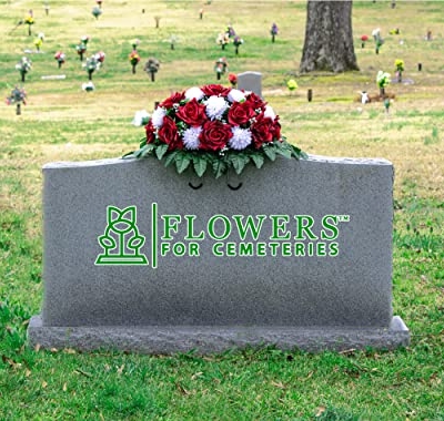 Silky Flower Store Sympathy Silks Artificial Cemetery Flowers, Two Tone Dark Red Rose White Mum Saddle Headstone 20.5cm 10 10 Product: Sympathy Silks Artificial Cemetery Flowers - Realistic - Outdoor Grave Decorations - Non-Bleed Colors, and Easy Fit - Two Tone Dark Red Rose with White Mum Saddle for Headstone