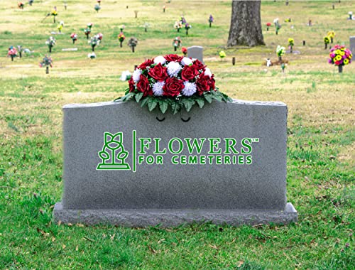 Silky Flower Store Sympathy Silks Artificial Cemetery Flowers, Two Tone Dark Red Rose White Mum Saddle Headstone 20.5cm 1 1 Product: Sympathy Silks Artificial Cemetery Flowers - Realistic - Outdoor Grave Decorations - Non-Bleed Colors, and Easy Fit - Two Tone Dark Red Rose with White Mum Saddle for Headstone