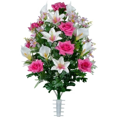 Product: Pink Roses, White Lily & Calla Lilies - 36 Flowers in Bouquet - Sympathy Silks Flowers For Cemeteries - Cemetery Flowers for Grave - Mothers Day Spring Summer Arrangement