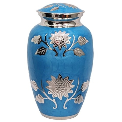 Product: Divinityurns Embossed Sunflower Blue Cremation Urn - Solid Brass Florentine Blue Urn - Handcrafted Adult Funeral Urn for Human Ashes - Affordable Large Urn