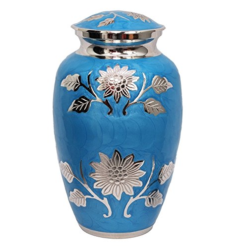 Product: Divinityurns Embossed Sunflower Blue Cremation Urn - Solid Brass Florentine Blue Urn - Handcrafted Adult Funeral Urn for Human Ashes - Affordable Large Urn