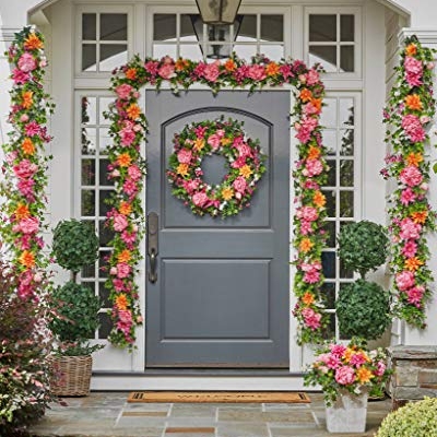 Silky Flower Store Balsam Hill Artificial Peony Outdoor Wreath, Pink Magenta Orange Boxwood Floral Decor, 30in 10 10 Product: Balsam Hill 30in Radiant Peony Outdoor Floral Artificial Wreath