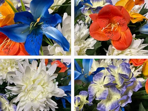 Product: Sympathy Silks 30" Headstone Flower Saddle - Blue Tiger Lily, Orange and Yellow Grave Flowers