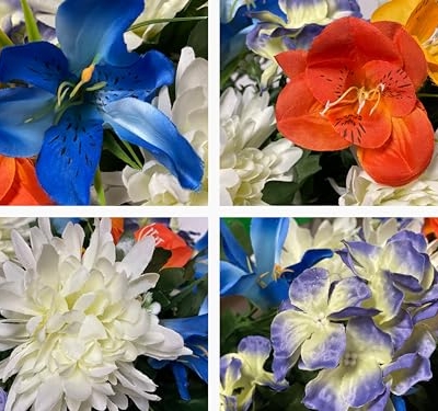 Silky Flower Store Sympathy Silks Artificial Cemetery Flowers, Blue Tiger Lily Purple Hydrangea Orange Alstroemeria, Headstone Saddle Bouquet, 32.5cm 13 13 Product: Sympathy Silks Artificial Cemetery Flowers - graveside Flowers - Blue Tiger Lily, Purple Hydrangea, Orange Alstroemeria - (1) Headstone Flower Saddle & (1) Matching Bouquet