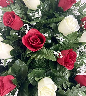 Product: Cemetery Headstone Saddle Flower Arrangement in Red and Cream Roses-Grave Marker Decoration, Sympathy Flowers