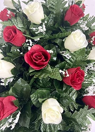 Product: Cemetery Headstone Saddle Flower Arrangement in Red and Cream Roses-Grave Marker Decoration, Sympathy Flowers