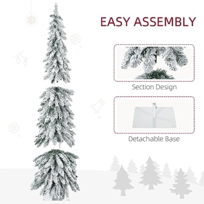 Silky Flower Store HOMCOM Prelit Pencil Artificial Christmas Tree, Snow Flocked Branches, 150 LED Lights, Downswept Shape, 5ft 16 16 Product: HOMCOM 5ft Tall Prelit Pencil Artificial Christmas Tree Holiday Décor with 334 Snow Flocked Branches, 150 Warm White or Colorful LED Lights, Downswept Shape