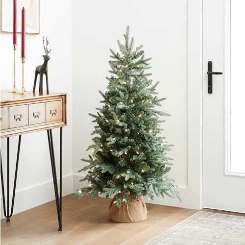 Product: National Tree Company Pre-lit Artificial Mini Christmas Tree | Includes Small Lights and Cloth Bag Base | for Tabletop or Desk | Burlap-4 ft, 4', Green