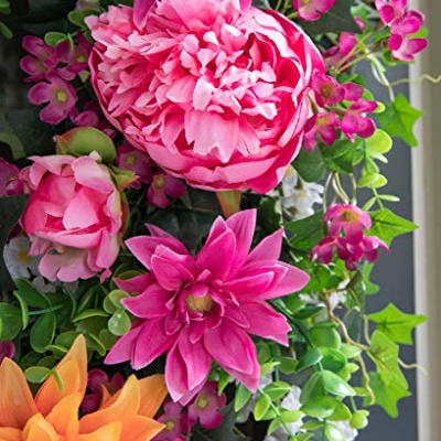 Silky Flower Store Balsam Hill Artificial Peony Outdoor Wreath, Pink Magenta Orange Boxwood Floral Decor, 30in 8 8 Product: Balsam Hill 30in Radiant Peony Outdoor Floral Artificial Wreath