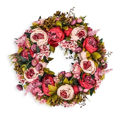 Product: BOMAROLAN Artificial Peony Flower Wreath 19Inch Vintage Blooming Silk Peonies Spring Summer Fall Winter Large Wreaths Flower Green Leaves for Outdoor Front Door Indoor Wedding Wall Or Window Décor