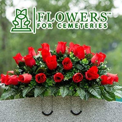 Silky Flower Store Artificial Cemetery Flowers, Sympathy Silks Mothers Day Flowers, 30 Ruby Red Roses Headstone Saddle, 3 to 9 30cm 11 11 Product: Sympathy Silks Artificial Cemetery Flowers - Mothers Day Flowers - 30" Ruby Red Roses Saddle for Headstone Decoration