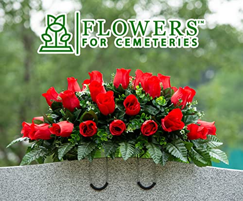Silky Flower Store Artificial Cemetery Flowers, Sympathy Silks Mothers Day Flowers, 30 Ruby Red Roses Headstone Saddle, 3 to 9 30cm 3 3 Product: Sympathy Silks Artificial Cemetery Flowers - Mothers Day Flowers - 30" Ruby Red Roses Saddle for Headstone Decoration