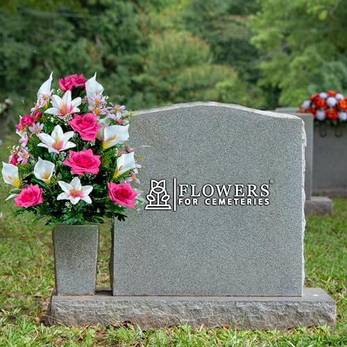 Silky Flower Store Cemetery Flowers Bouquet Pink Roses White Lily Calla Lilies, Artificial Grave Flowers, 36 Flowers, 20.5cm 4 4 Product: Pink Roses, White Lily & Calla Lilies - 36 Flowers in Bouquet - Sympathy Silks Flowers For Cemeteries - Cemetery Flowers for Grave - Mothers Day Spring Summer Arrangement