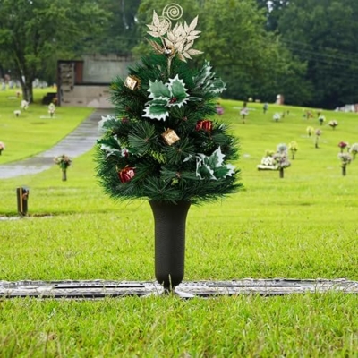 Product: Sympathy Silks Artificial Cemetery Flowers - Gravesite Flowers - Gold Topper Christmas Tree w Holly and Presents - (1) Tree (1) Cemetery Vase